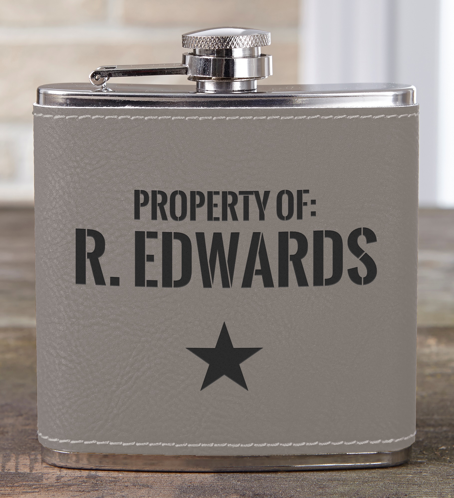Authentic Grey Leatherette 6 oz. Personalized Flask